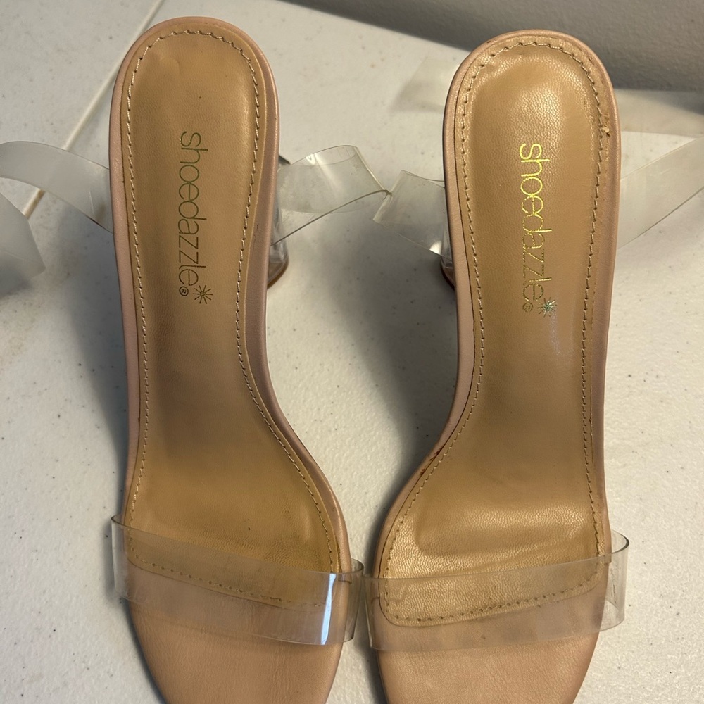 Shoe Dazzle Tan and Clear Heels